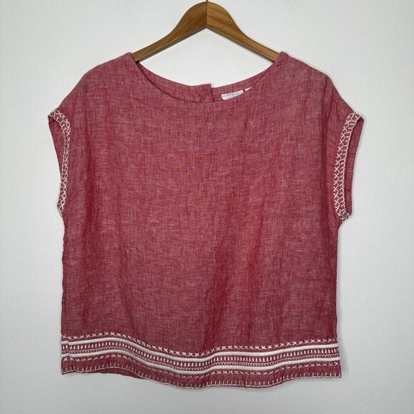 Sigrid Olsen Linen Top Size S Red Embroidered Boxy Back Buttons Cropped - Picture 1 of 9